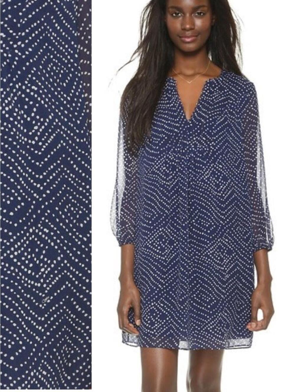 Diane von Furstenberg Silk Navy White Print V Neck 3/4 Sleeve Dress